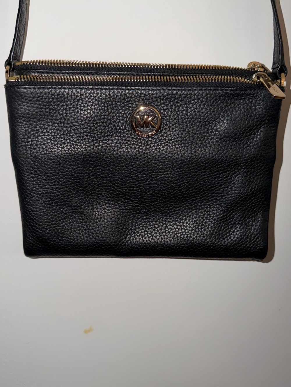 Michael Kors Black Leather Double-Zip Crossbody with Gold Hardware